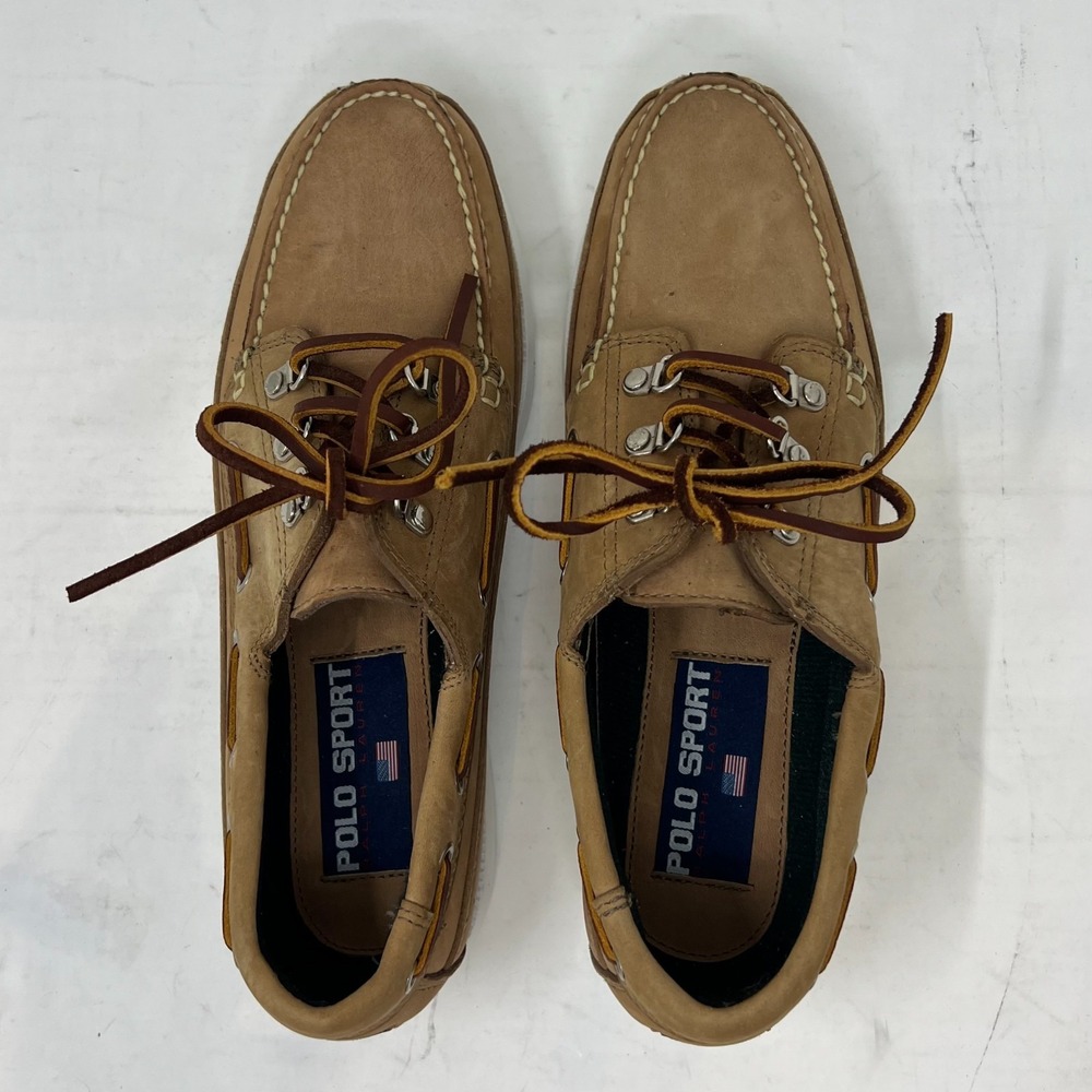 Polo Sport Ralph Lauren Boat Shoes Tan Leather Moc Toe Beige Men's 8D VTG NEW - Picture 11 of 16